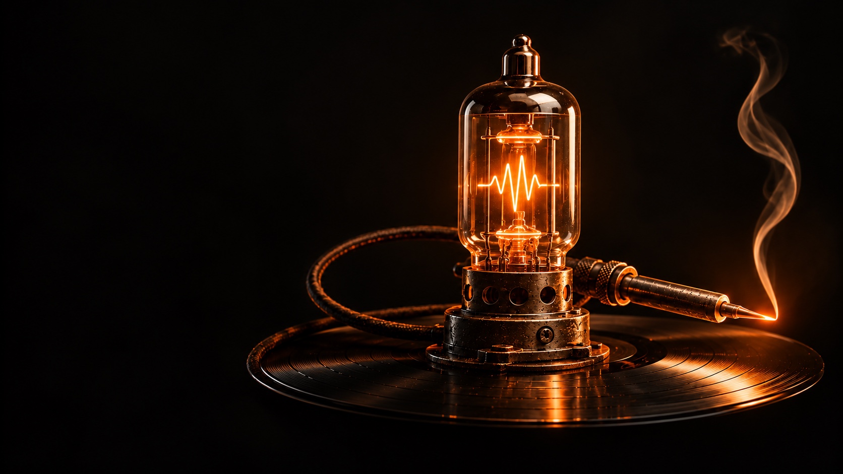 An amber-glowing vacuum tube on a vinyl record, with a soldering iron and rising smoke